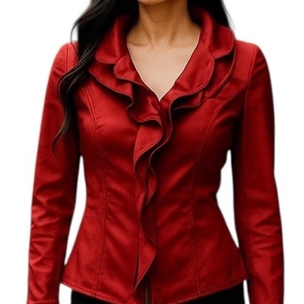 Samuel Dong Designer Women's Satin Ruffle Long Sleeve Jacket Sz XS Red Holiday